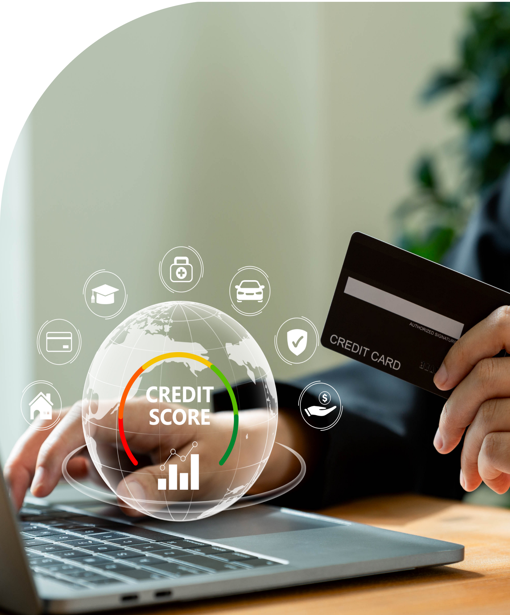 Hand holding a credit card with digital credit score icons.